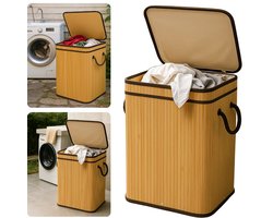 Cheqo® Bamboe Wasmand - Wasmand met Deksel - Uitneembare Wasbare Binnenzak - 72 Liter - Natuurlijk Bruin - Klapdeksel - Wasmand 1 Vak