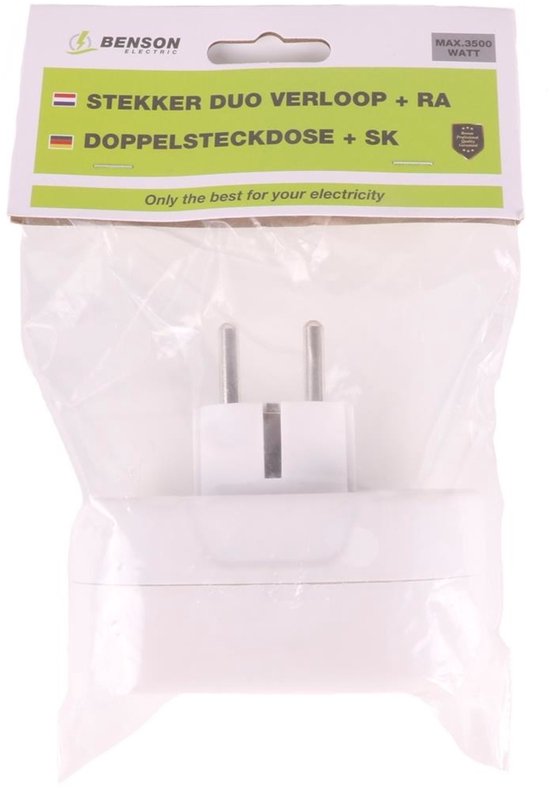 Witte stopcontactverdeler met een stekker in verpakking met tekst "STEKKER DUO VERLOOP + RA".