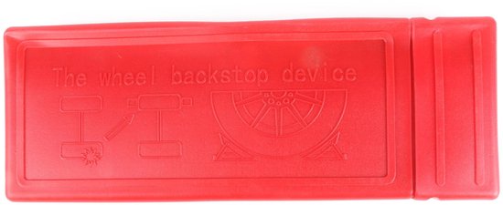 Rode kunststof opbergdoos met de tekst "The wheel backstop device" en pictogrammen.