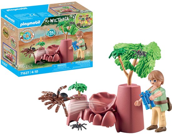 Playmobil Wiltopia spinrotsen product en doos met figuur, spinnen en boom.