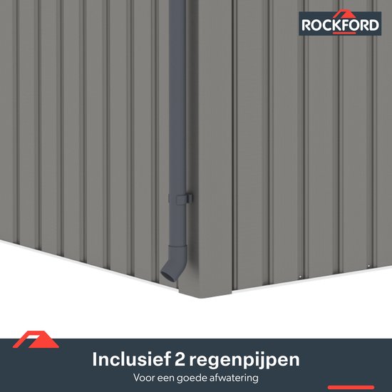 Rockford Porto 400 metalen tuinhuis met lessenaarsdak - Tuinschuur met centraal slot, polycarbonaat ramen en regenpijpen - 296 x 318 cm - Grijs