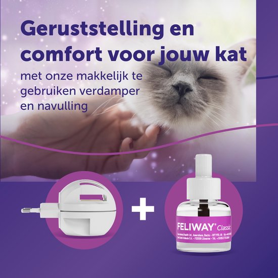 Een vrouw houdt een kat vast en wordt omringd door paarse spetters. Een diffuser en navulflacon worden getoond.