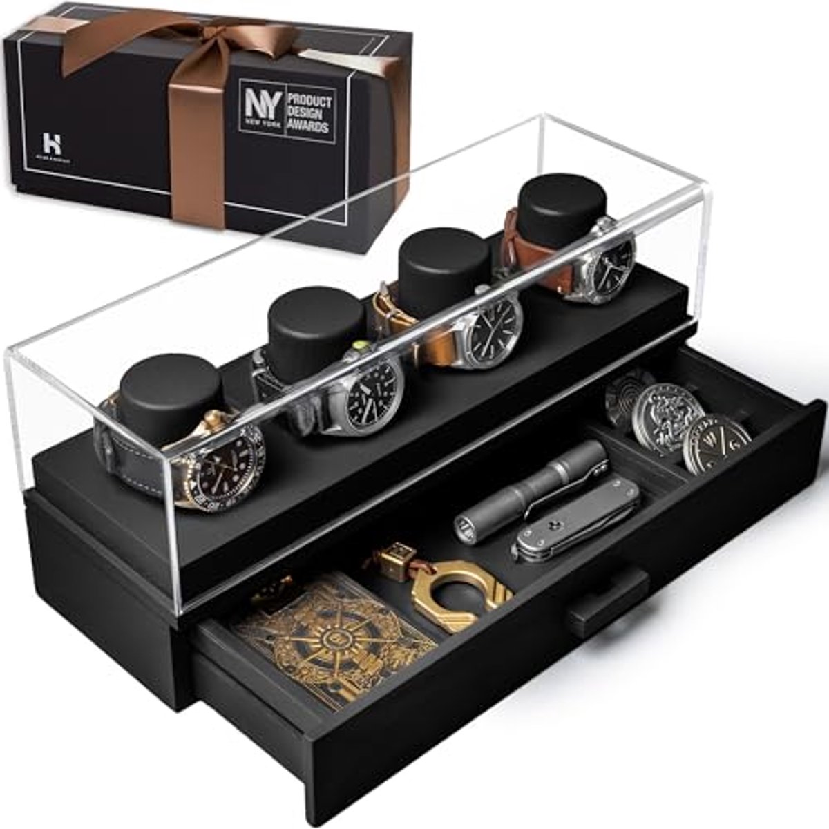 Premium Horloge Display Case voor 4 Horloges - Uniek Cadeau voor Mannen - Houten Horloge Box