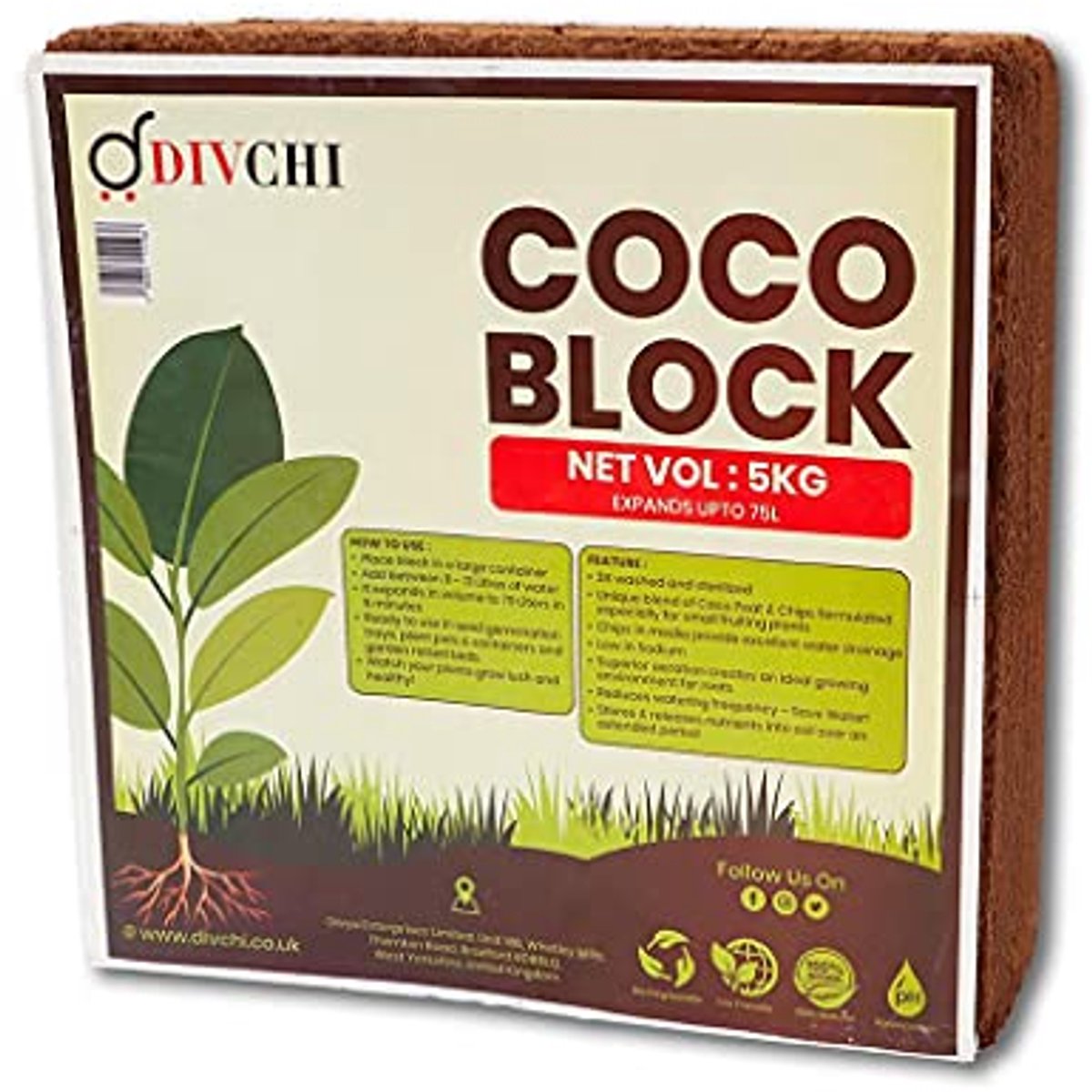 Kokos Coir Blok 5kg (70L) | Organisch | Natuurlijke Kokosnootvezel | Reptielvriendelijk | PH Neutraal | Hoge Vochtretentie