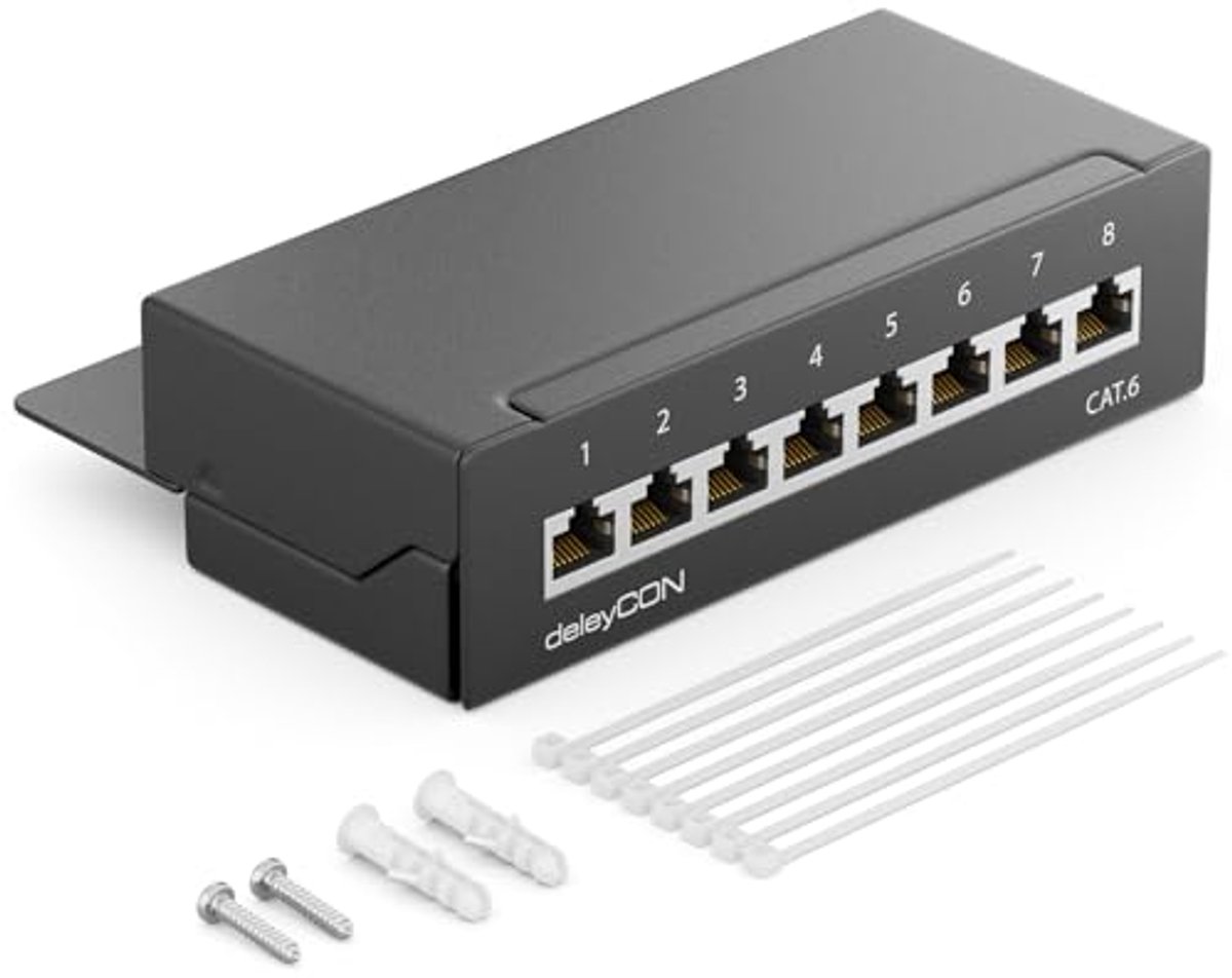 Patchpanel CAT6 8-Poorts - Afgeschermd Netwerkdistributiepaneel voor Desktop & Wandmontage - 8x RJ45 Aansluiting