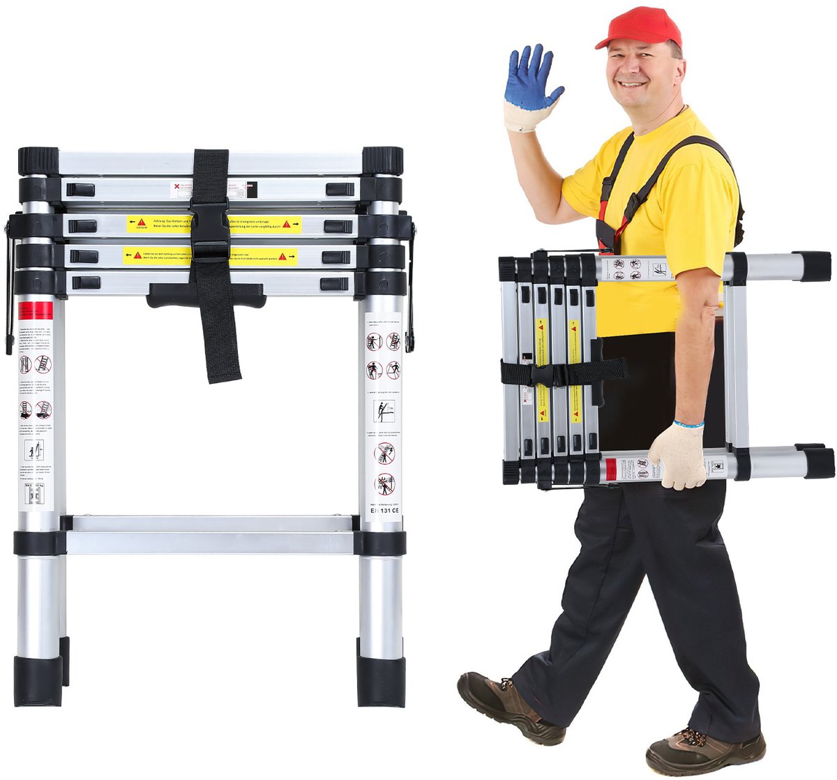 Telescopische Ladder - Telescoopladder - 1,4m+1,7m zilver, Max. Belasting 150 kg, Compact en Draagbaar met Soft Closing Systeem, Geschikt voor Particulier en Professioneel Gebruik, Telescopische Vouwladder – foto 8