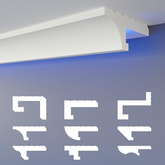 HEXIMO Led-schaduwvoeg-profiel, stuclijsten, indirecte verlichting, XPS- piepschuim, gipsplafondlijsten voor wand-plafondbekleding (10,2 meter HLED 2
