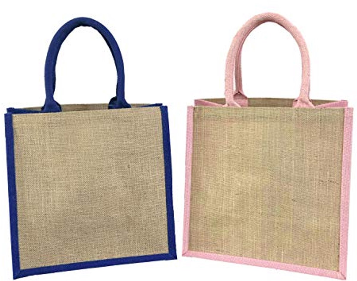 Medium grote jute tas met contrasterende handgrepen en zijden voor dagelijks gebruik