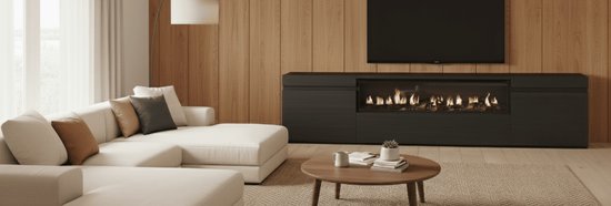 TV Meubel met Elektrische Open Haard – TasalFurniture Modern Luxe TV Kast 200 cm – Geschikt voor TV’s tot 80 Inch – LED 3D Vuureffect met Afstandsbediening – Zwart Houtnerf – Opbergkast voor Woonkamer – 34W Sfeerverwarming zonder Warmte – Vrijstaand