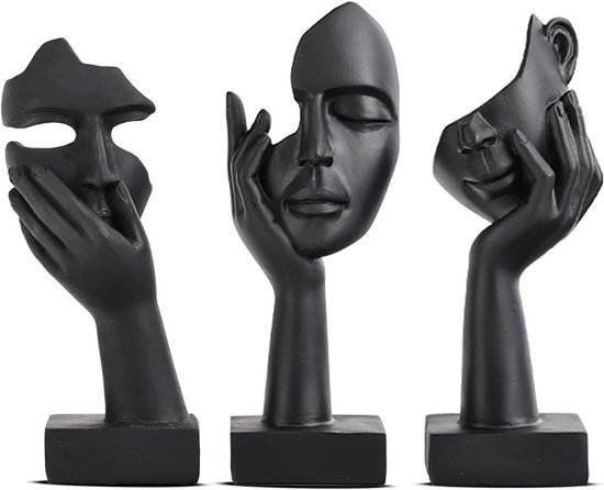 Set de 3 sculptures noires - Décoration de table moderne avec visages abstraits - Art minimaliste pour la maison et le bureau