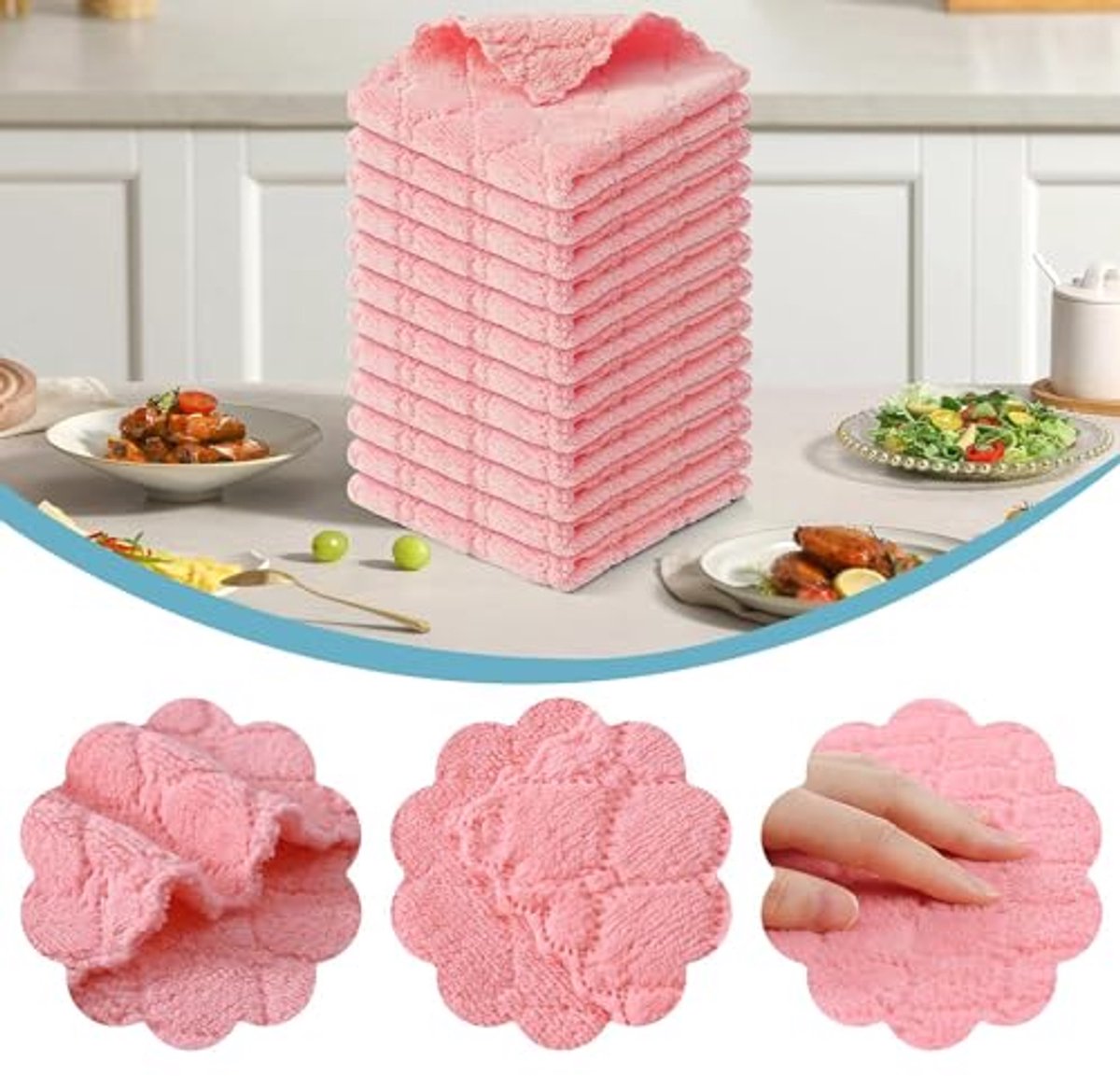 Zachte Microvezeldoeken - Wasbare Keukendoeken, Pluisvrij, 12 Stuks, 25 x 25 cm, Roze
