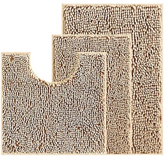 Antislip Badmat Set van 3 - Chenille Badmatten, U-vormige Badmat en Toilettapijt (Oranje