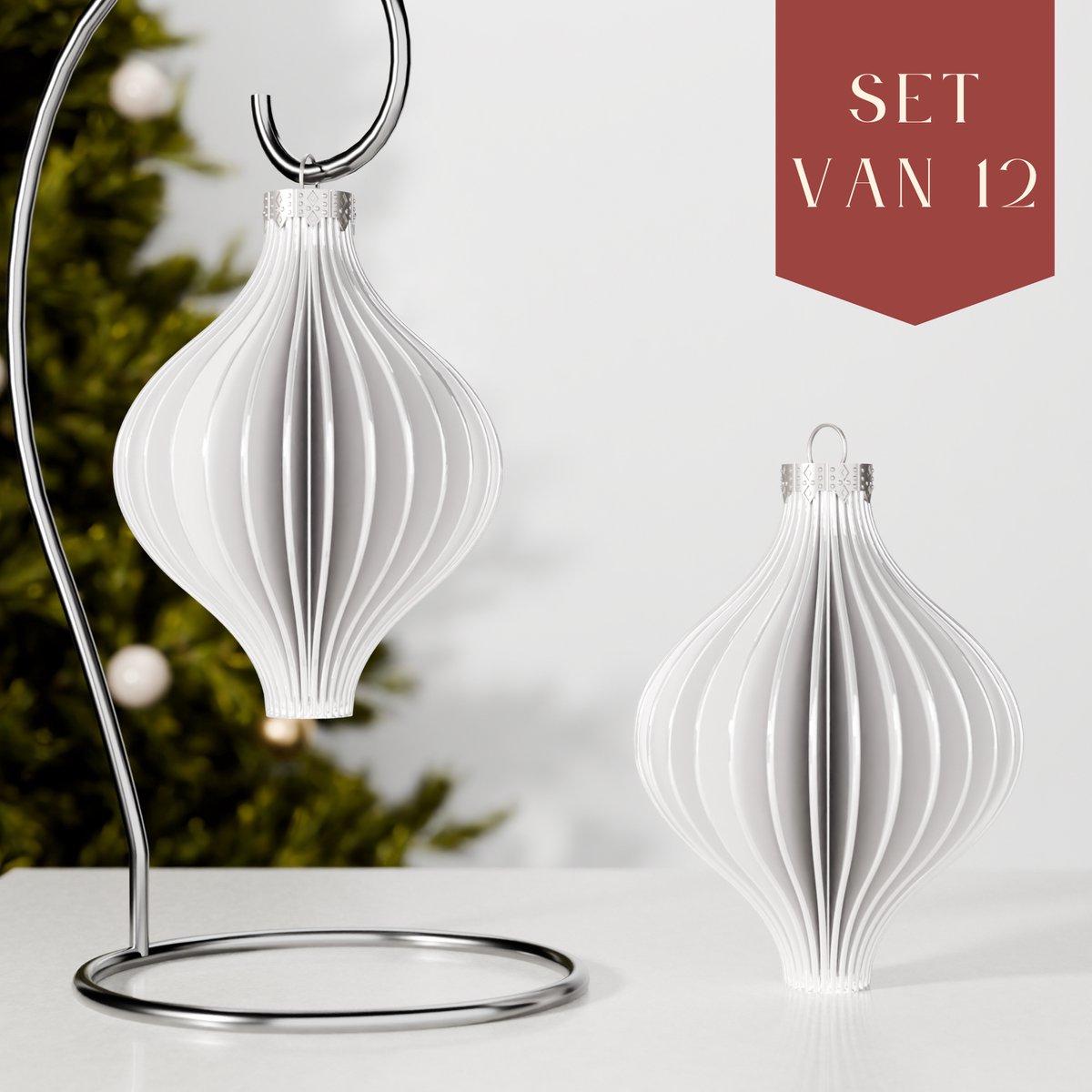 Fleuriek – Luxe kerstballen set van 12 – Witte kerstversiering, onbreekbare kunststof kerstballen met witte glans – Chique kerstdecoratie, glanzende afwerking