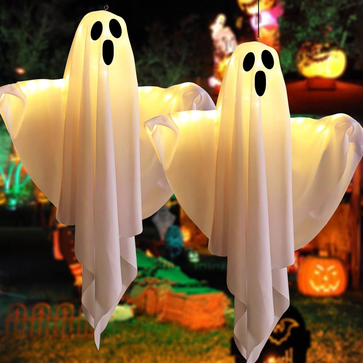 Daity 2 stuks buitendecoraties, hangende, oplichtende spookachtige Halloween-decoraties, buiten- en binnenwindzakdecoraties voor tuin, boom, tuin, Halloween-feestgunsten