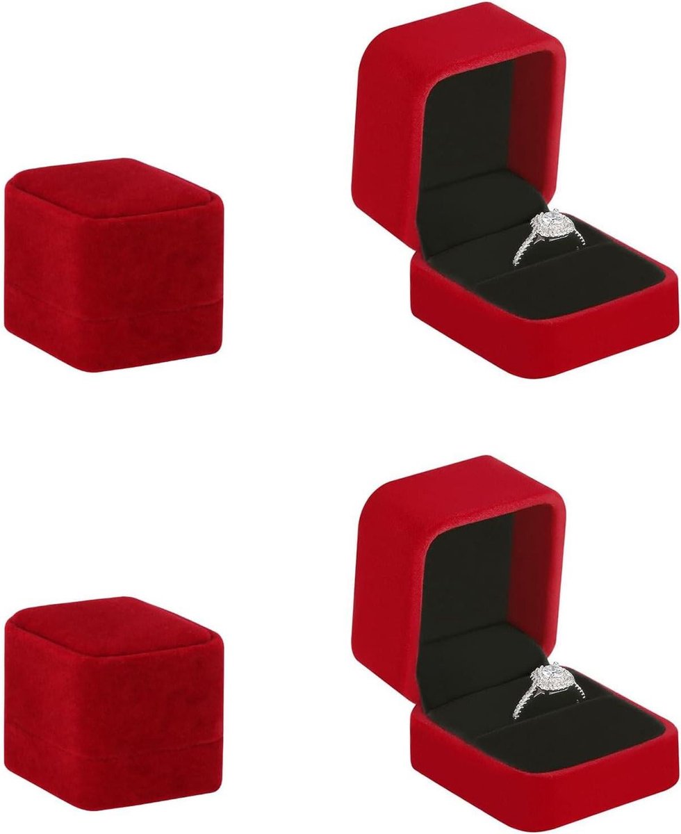 Allecto Plus - Flanellen ringdoosjes set van 2 stuks voor verlovingsringen en oorbellen - Rood - Bruiloft en huwelijksaanzoek