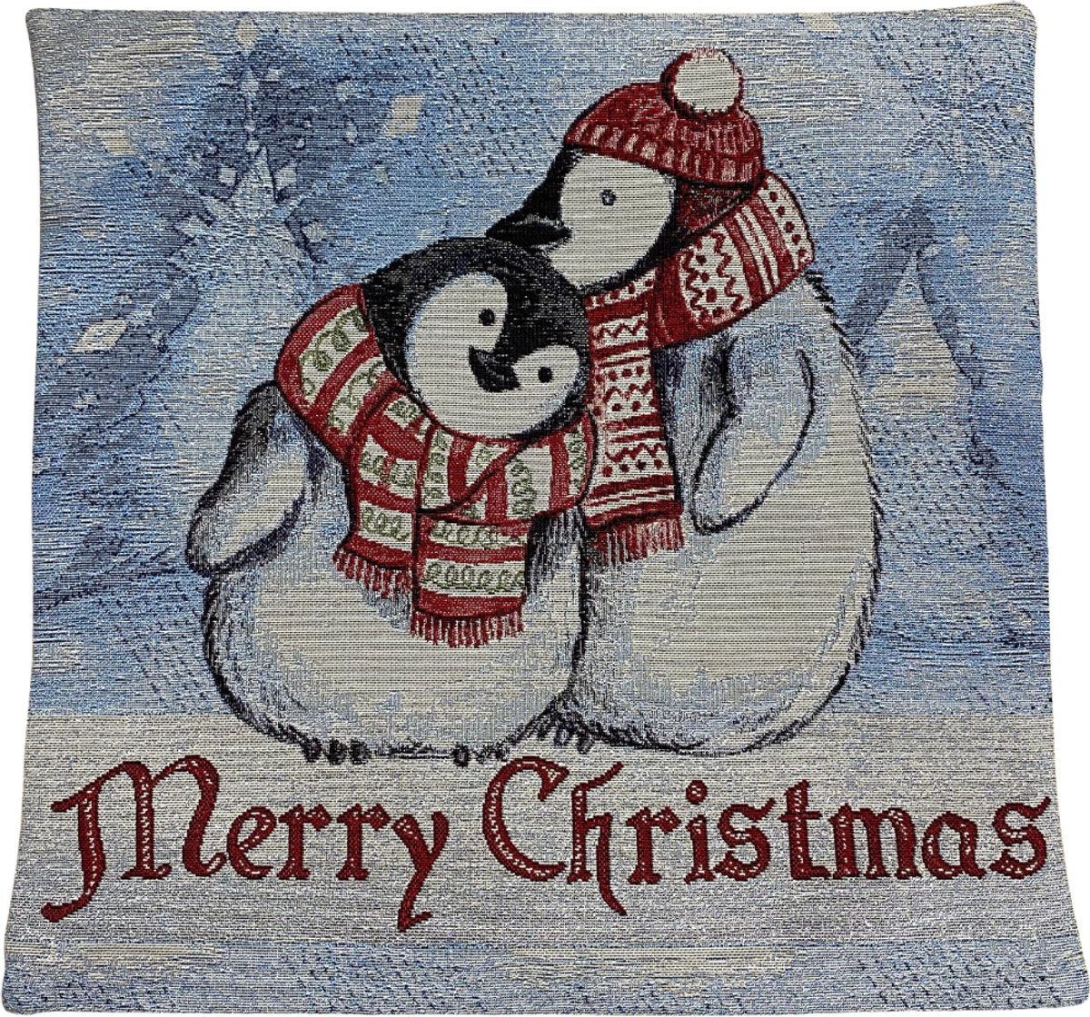 Kussenhoes - Gobelinstof - Penguin - Penguins - Merry Christmas - Kerst - Winter - 45 cm - zilver glitterdraad