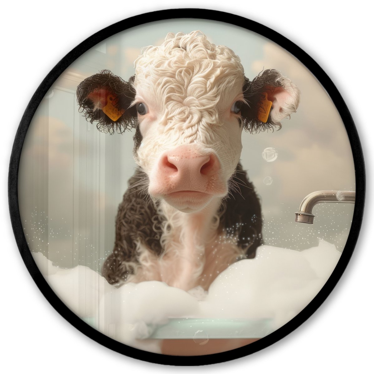 FrameYourWall Poster in lijst Rond - Fotolijst 40x40 cm - Posters - Kalf - Koe - Bad - Schuim - Dieren - Ronde posterlijst zwart - Decoratie - Wanddecoratie woonkamer - Muurdecoratie slaapkamer