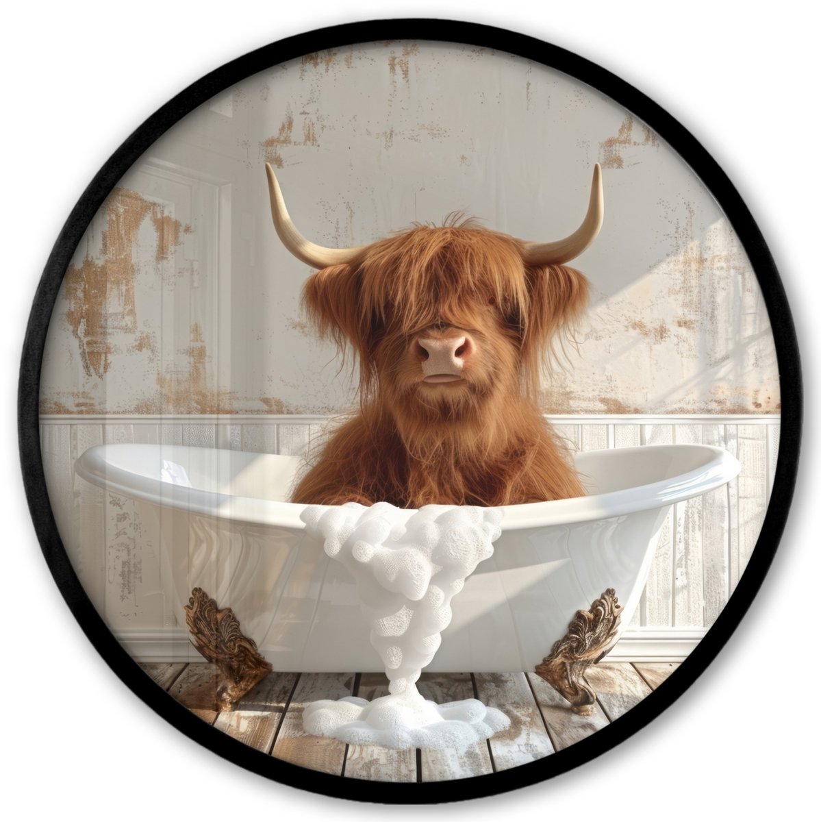 FrameYourWall Poster in lijst Rond - Fotolijst 40x40 cm - Posters - Schotse hooglander - Badkuip - Vintage - Koe - Ronde posterlijst zwart - Decoratie - Wanddecoratie woonkamer - Muurdecoratie slaapkamer