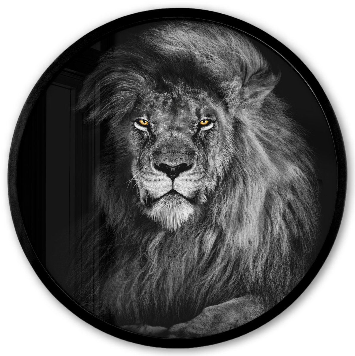 FrameYourWall Poster in lijst Rond - Fotolijst 40x40 cm - Posters - Leeuw - Ogen - Oranje - Zwart wit - Dieren - Portret - Ronde posterlijst zwart - Decoratie - Wanddecoratie woonkamer - Muurdecoratie slaapkamer Leeuw Zwart/Wit