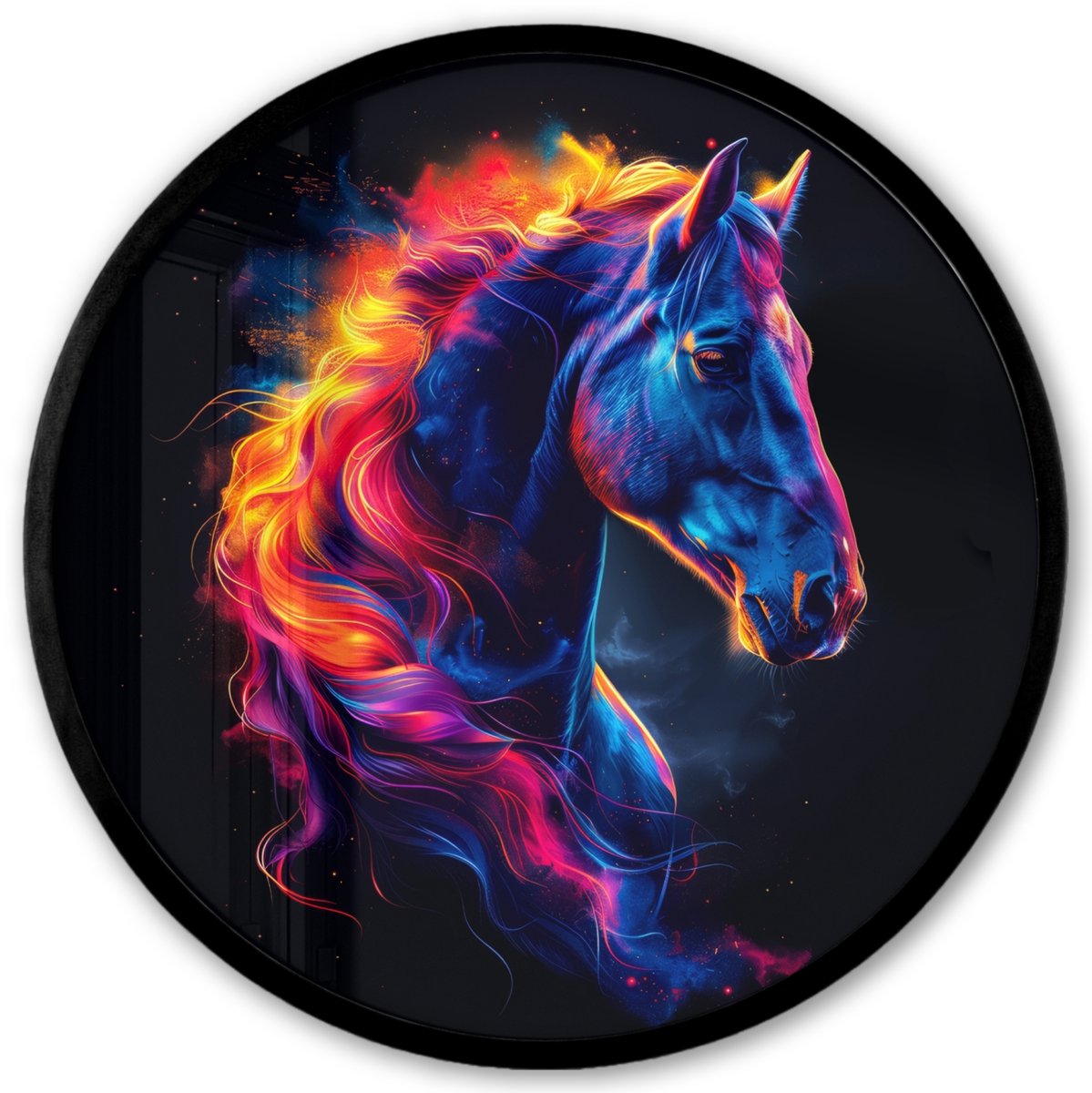 FrameYourWall Poster in lijst Rond - Fotolijst 40x40 cm - Posters - Paard - Dier - Rook - Zwart - Kleuren - Ronde posterlijst zwart - Decoratie - Wanddecoratie woonkamer - Muurdecoratie slaapkamer Paard - Kleurrijk