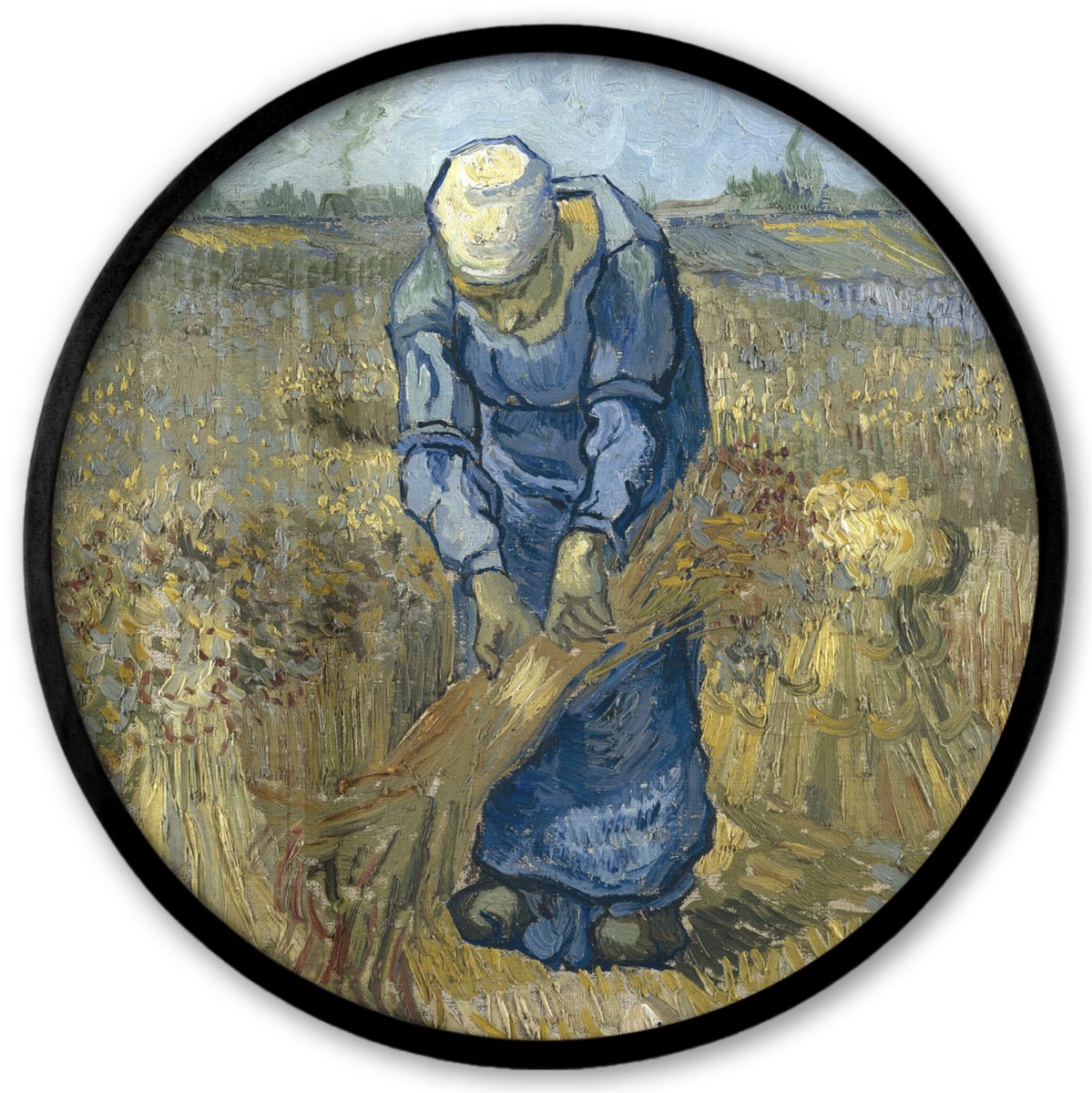 FrameYourWall Poster in lijst Rond - Fotolijst 40x40 cm - Posters - De schovenbindster (naar Millet) - Vincent van Gogh - Ronde posterlijst zwart - Decoratie - Wanddecoratie woonkamer - Muurdecoratie slaapkamer Multicolor
