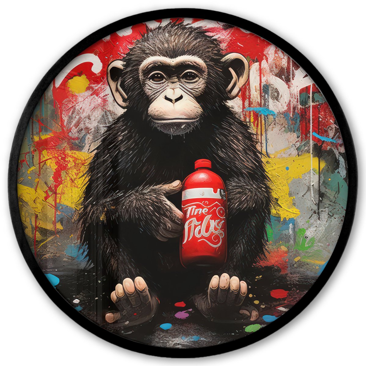 FrameYourWall Poster in lijst Rond - Fotolijst 40x40 cm - Posters - Aap - Graffiti - Dieren - Kunst - Flesje - Kleuren - Ronde posterlijst zwart - Decoratie - Wanddecoratie woonkamer - Muurdecoratie slaapkamer Graffiti - Aap