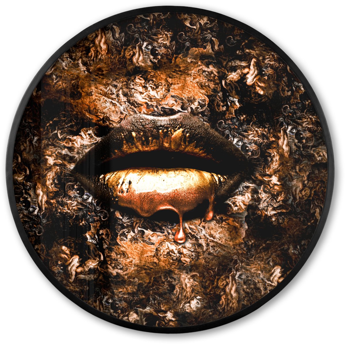 FrameYourWall Poster in lijst Rond - Fotolijst 60x60 cm - Posters - Verf - Lippen - Koper - Ronde posterlijst zwart - Decoratie - Wanddecoratie woonkamer - Muurdecoratie slaapkamer Multicolor
