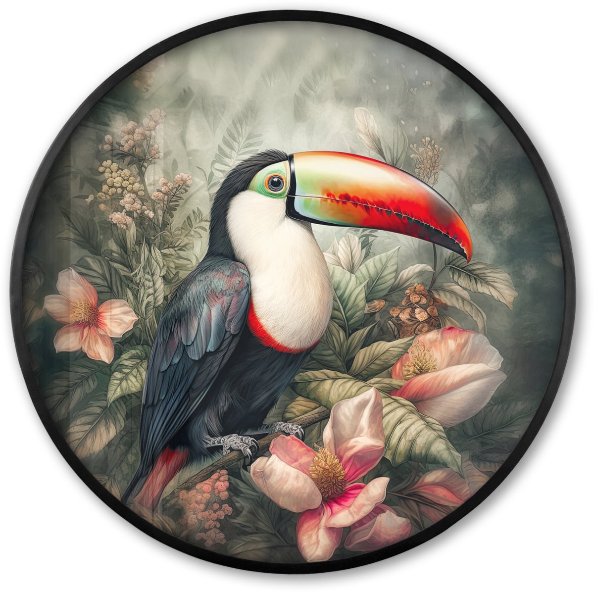 FrameYourWall Poster in lijst Rond - Fotolijst 60x60 cm - Posters - Toekan - Vogels - Bloemen - Planten - Tropisch - Ronde posterlijst zwart - Decoratie - Wanddecoratie woonkamer - Muurdecoratie slaapkamer