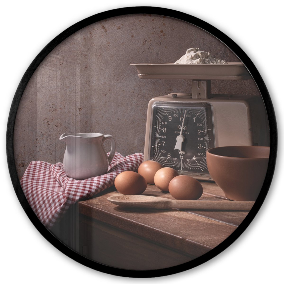 FrameYourWall Poster in lijst Rond - Fotolijst 40x40 cm - Posters - Stilleven - Koken - Weegschaal - Eieren - Keuken - Ronde posterlijst zwart - Decoratie - Wanddecoratie woonkamer - Muurdecoratie slaapkamer Stilleven - Weegschaal