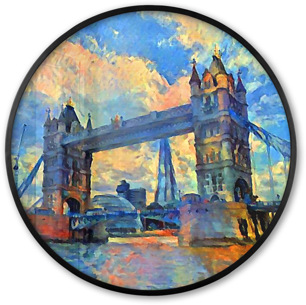 FrameYourWall Poster in lijst Rond - Fotolijst 80x80 cm - Posters - Schilderij - Londen - Brug - Olieverf - Ronde posterlijst zwart - Decoratie - Wanddecoratie woonkamer - Muurdecoratie slaapkamer Multicolor