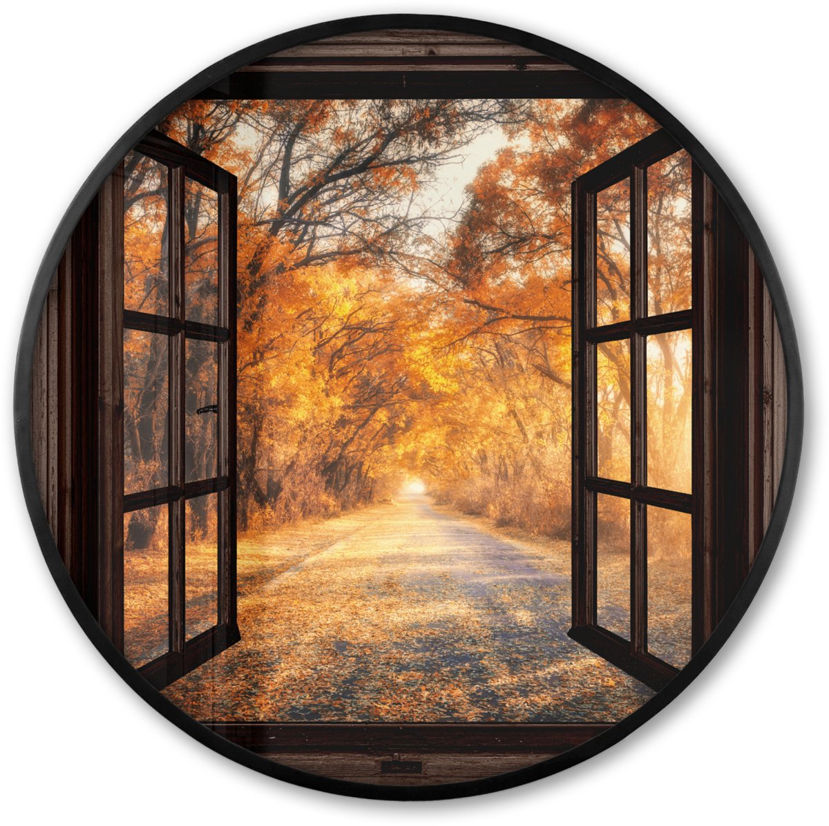 FrameYourWall Poster in lijst Rond - Fotolijst 80x80 cm - Posters - Bos - Herfst - Bomen - Bospad - Natuur - Doorkijk - Ronde posterlijst zwart - Decoratie - Wanddecoratie woonkamer - Muurdecoratie slaapkamer Bruin