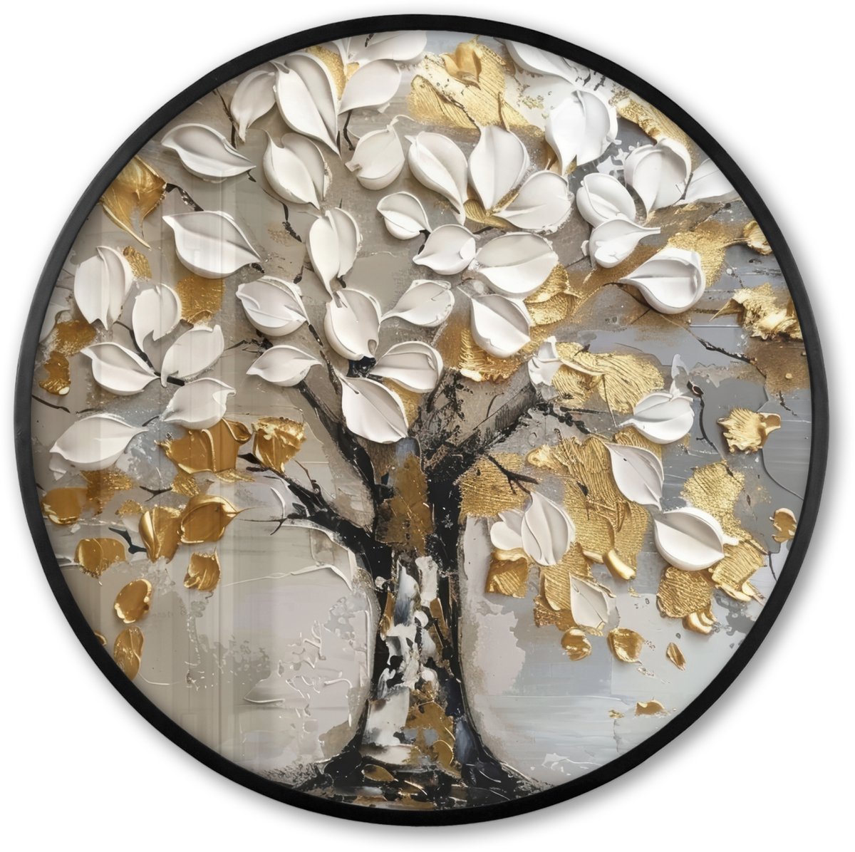 FrameYourWall Poster in lijst Rond - Fotolijst 60x60 cm - Posters - Boom - Beige - Grijs - Goud - Abstract - Ronde posterlijst zwart - Decoratie - Wanddecoratie woonkamer - Muurdecoratie slaapkamer