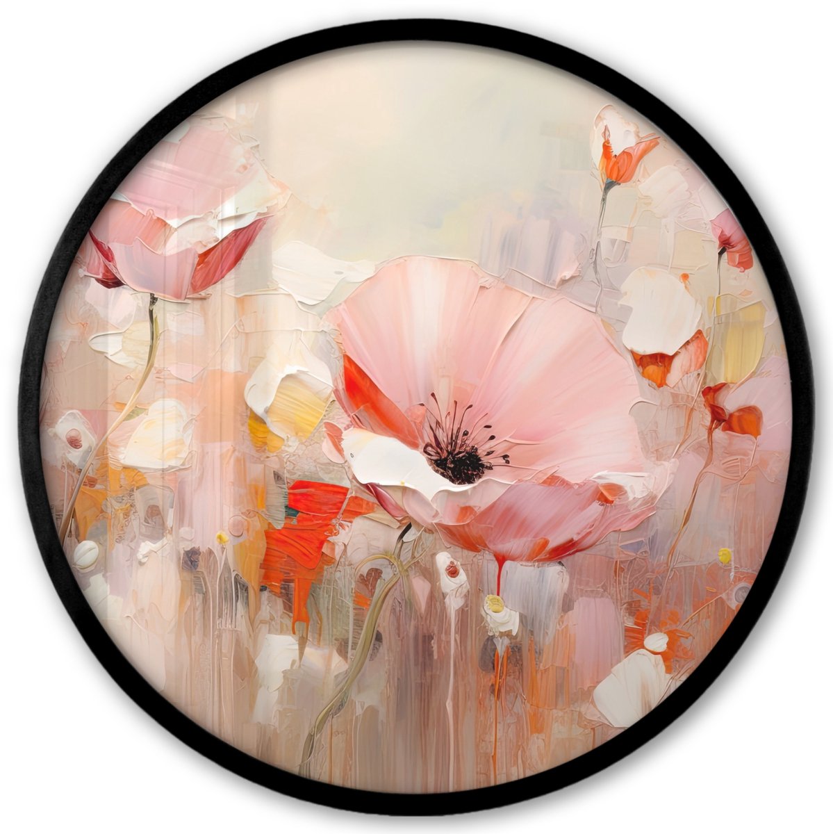 FrameYourWall Poster in lijst Rond - Fotolijst 40x40 cm - Posters - Bloemen - Watercolor - Roze - Abstract - Kunst - Ronde posterlijst zwart - Decoratie - Wanddecoratie woonkamer - Muurdecoratie slaapkamer Bloemen - Pastel
