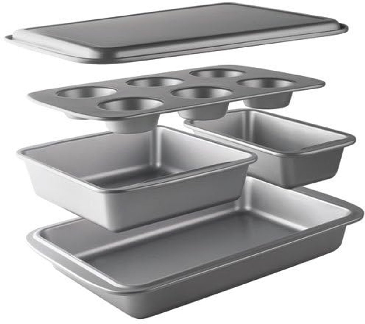 Set van 5 bakvormen - muffinvorm, vierkante bakvorm, grillvorm en anti-aanbakvormen, PFOA-vrij, geschikt voor oven, koelkast en vriezer
