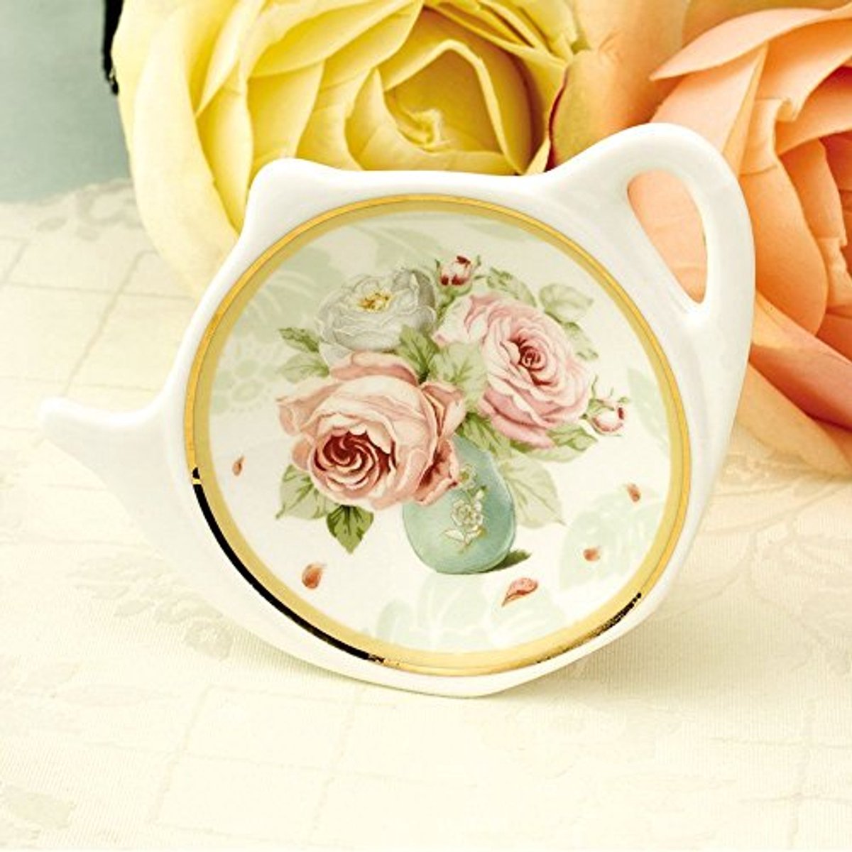 Ceramic Teapot-Shaped Tea Bag Holder and Coasters with Flower Trim and Gold Rim