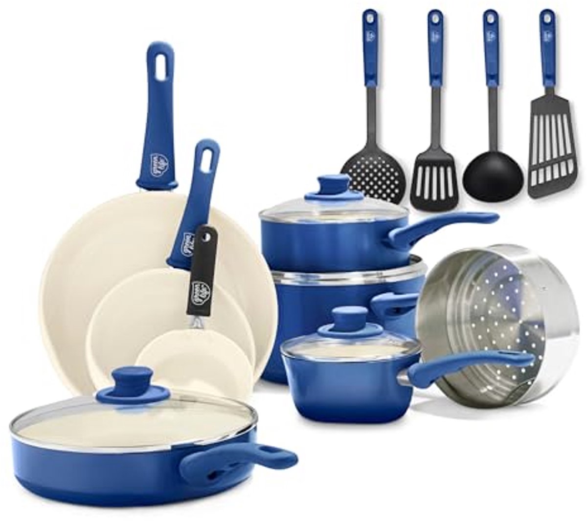 Gezonde Keramische Koekenpannen Set - 16-delige Pannenset met Koekenpan, Kookpan en Stoofpan - PFAS Vrij en Vaatwasmachinebestendig - Blauw