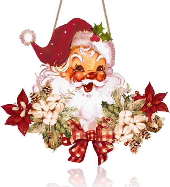 Houten kerstornament van een vintage Kerstman, versierd met bloemen, hulst, dennenappels en een rood-wit geblokte strik.