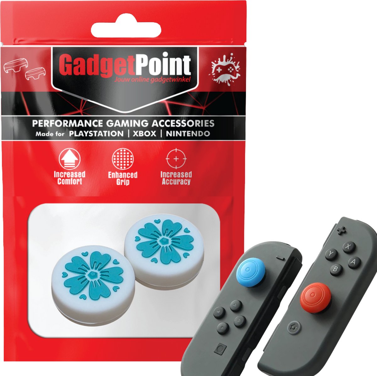 Gadgetpoint | Gaming Thumb Grips | Performance Thumbsticks | Accessoires geschikt voor Nintendo Switch Joy-Con Controller(s) | Thumbgrips | Bloemetjes - Wit met Blauw