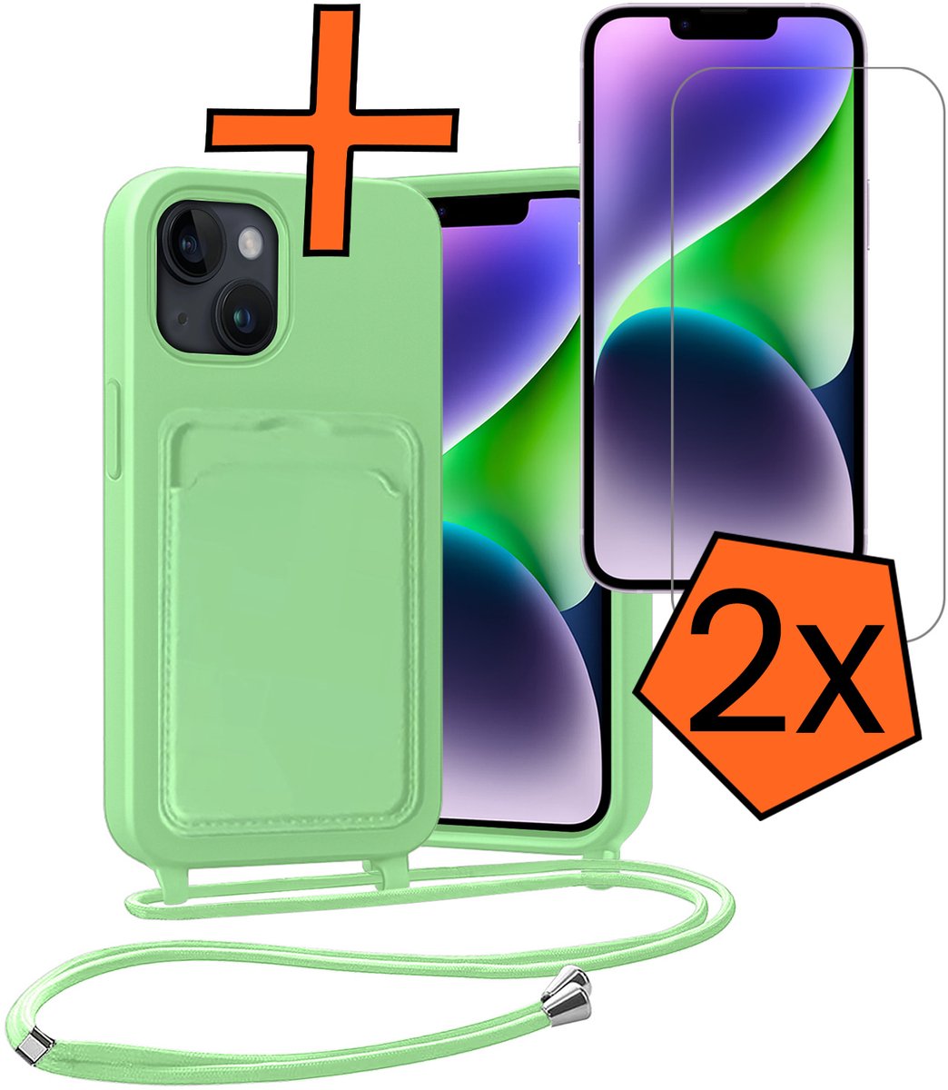 Hoesje Geschikt voor iPhone 14 Hoesje Met Telefoonketting Pasjeshouder Case Met 2x Screenprotector Koord - Hoesje Geschikt voor iPhone 14 Hoes Met Kaarthouder - Groen