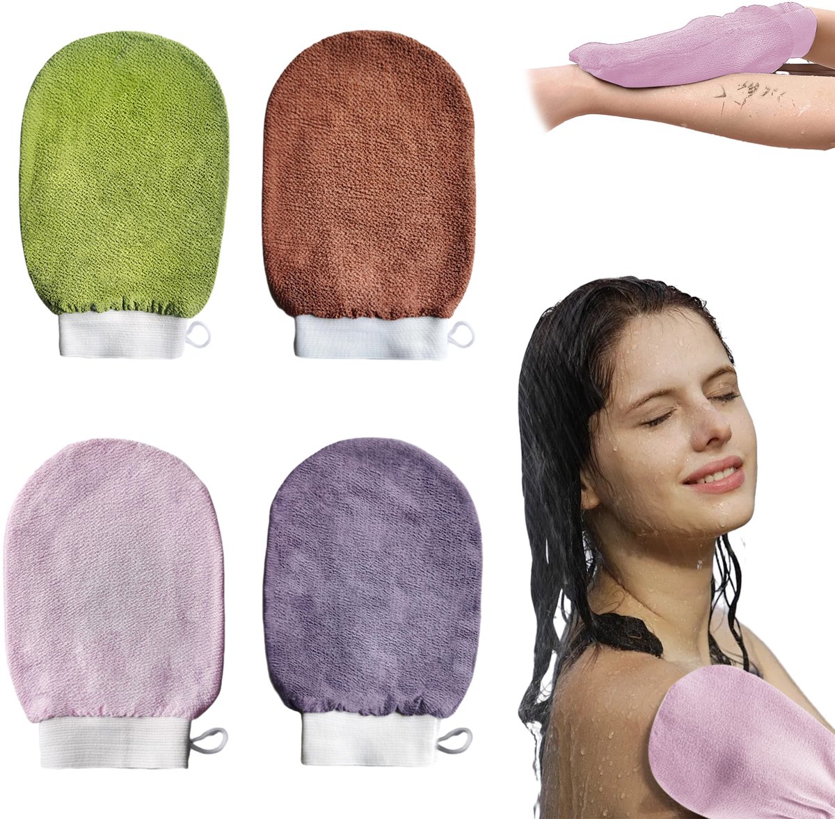 Viscose Scrubhandschoenen - Exfoliërende Body Mitt - Dode Huid Verwijderaar - Douche & Spa Massage - Bad Accessoire - Voor Mannen & Vrouwen -4 Stuks- Ovaal