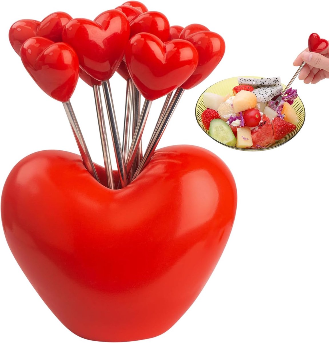 Set van 10 Herbruikbare Voedselprikkers – Hartjesontwerp – RVS met Houder – Voor Fruit, Hapjes & Cocktails – Kinderfeestjes & Feestelijke Gelegenheden