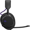 Zwarte JBL gaming headset met microfoon, paarse koorddetails en JBL logo op de oorcup.