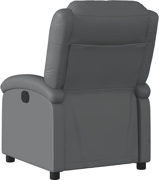 Grijze verstelbare fauteuil in kunstleer, achteraan gezien.