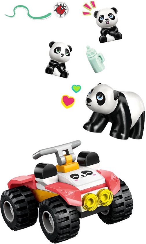 LEGO Friends quad met een grote panda en drie kleine panda's, flesje en hartjes.