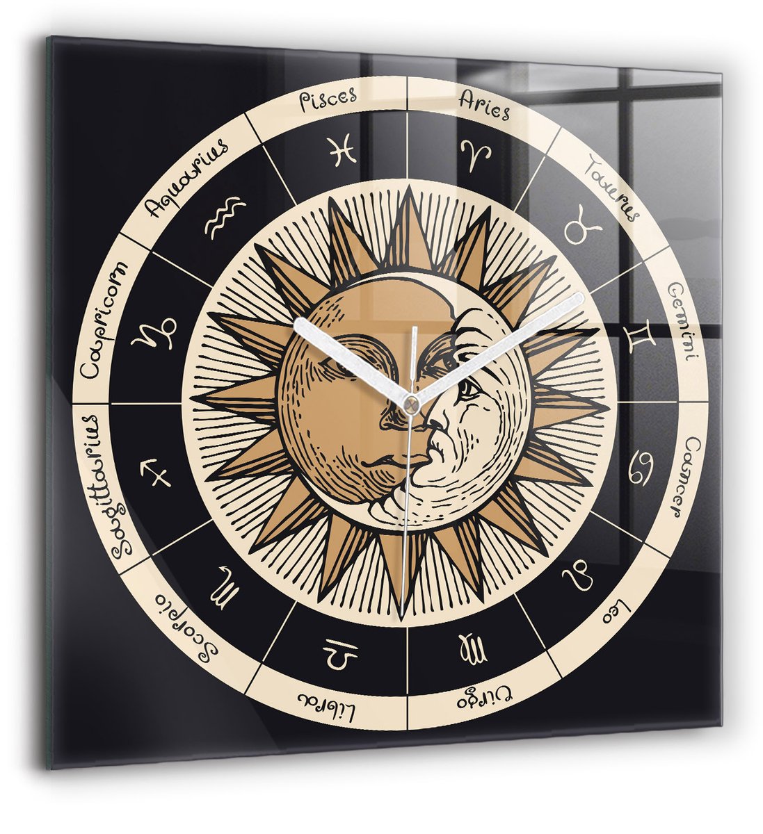 Wallfluent Wandklok - De zon en de dierenriem Klok met Print - 60 cm x 60 cm - Veelkleurig Wandklok - Witte Handen - Wandklok zonder cijfers - Wandklok Glas Woonkamer - Unieke Wandklok - Minimalistische Klok - Unieke Wandklok