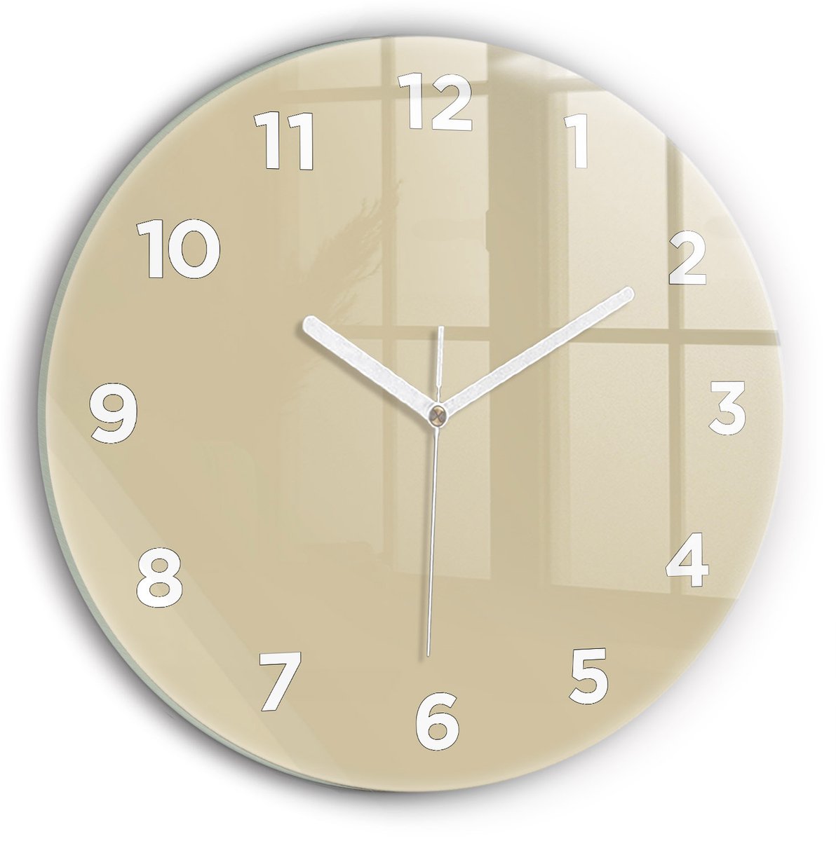 Wallfluent Wandklok - Beige Ronde Glas Klok - 30 cm x 30 cm - Beige Wandklok - Witte Handen - Wandklok Met Cijfers - Wandklok voor in de Keuken - Ronde Glazen Klok - Minimalistisch Wandklok - Ronde Glazen Wandklok