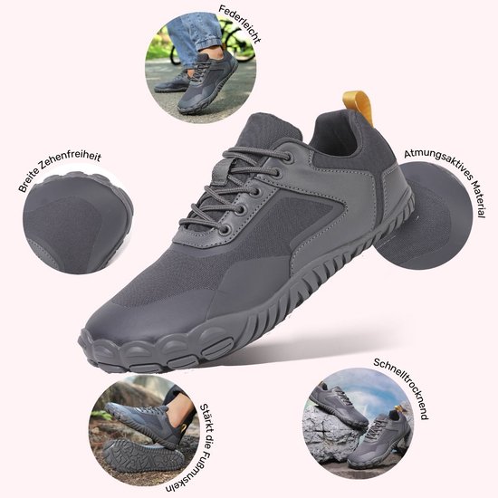 Chaussure minimaliste grise avec des superpositions de texte en allemand décrivant les caractéristiques.