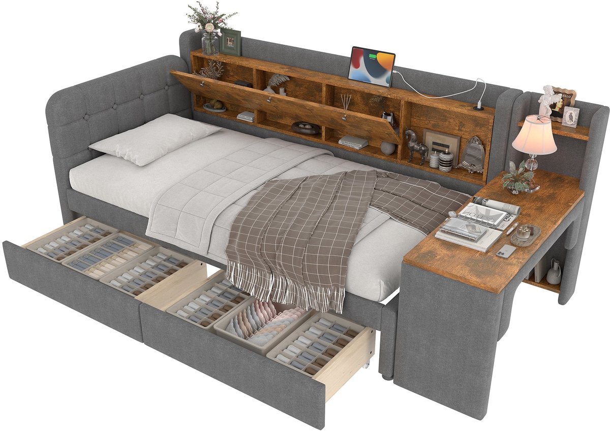 Merax Eenpersoonsbed 90x200 cm met Bureau en 2 Lades - Bed met USB en USB-C Aansluiting - Veel Opbergruimte en Lattenbodem - Linnen Grijs