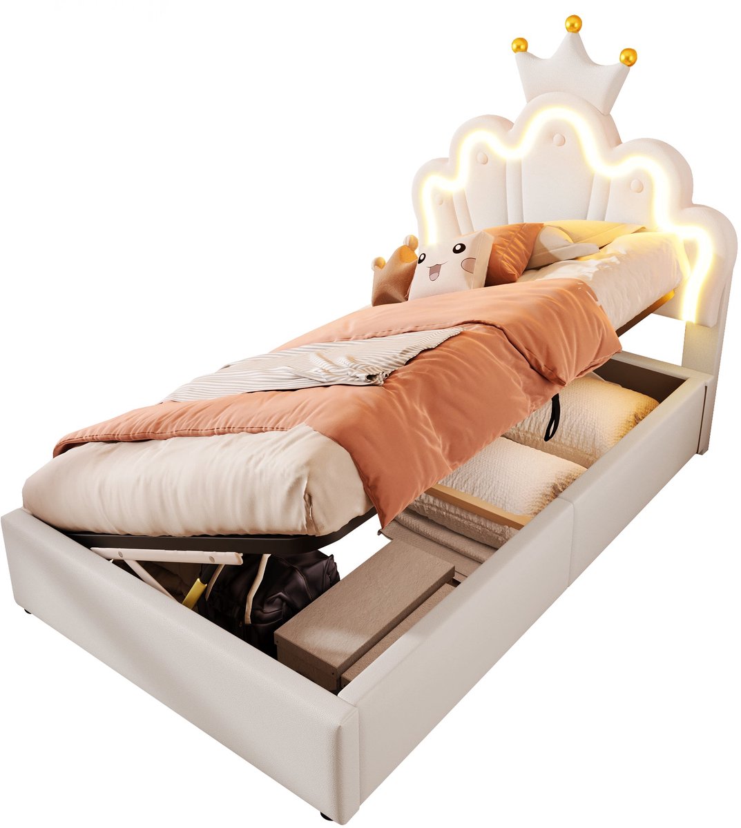 Merax Princess Polsterbed 90x200 cm - LED-verlichting - Hydraulische Opbergruimte - Verstelbaar Hoofdbord - PU Stof - Wit