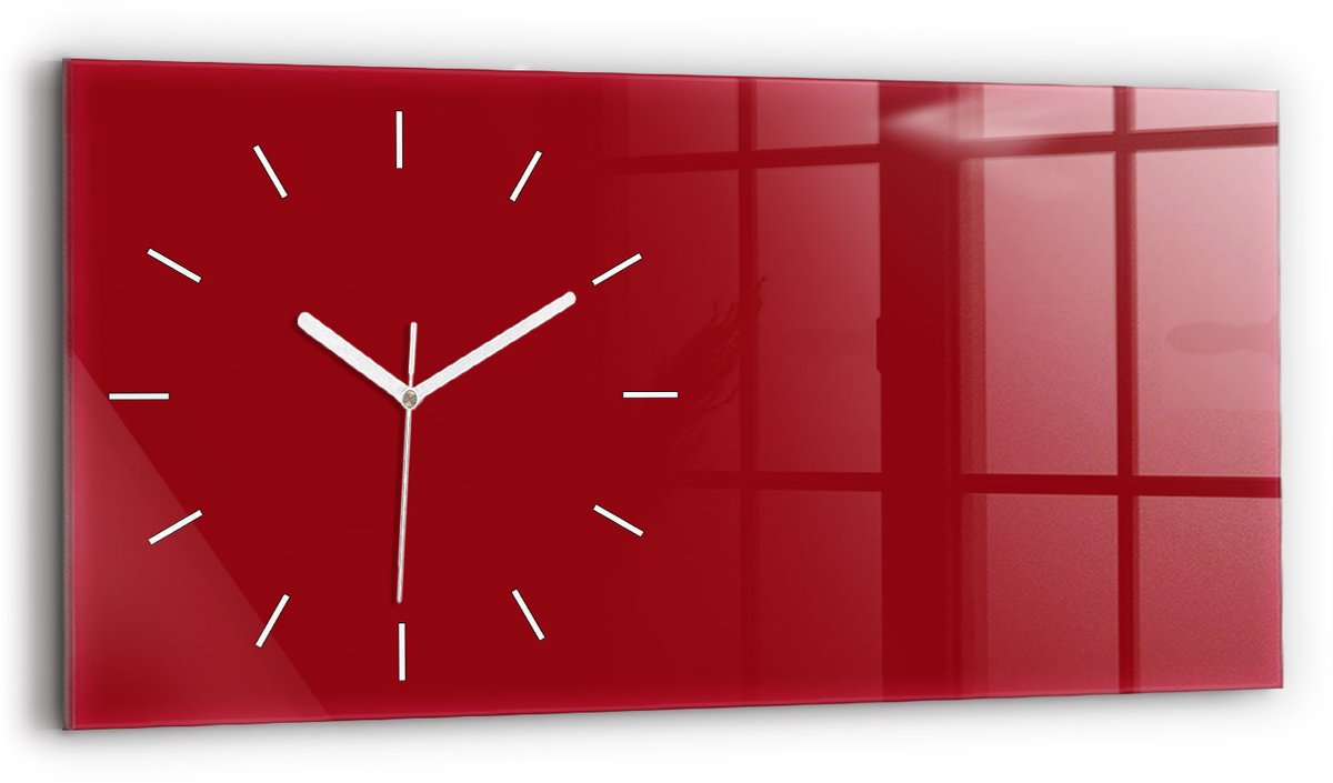 Wallfluent Wandklok - Rood Glazen Klok Rechthoekige - 60 cm x 30 cm - Rood Wandklok - Witte Handen - Wandklok Zonder Cijfers - Wandklok Glas Woonkamer - Rechthoekige Glas Klok - Industrieel Wandklok - Rechthoekige Glazen Wandklok